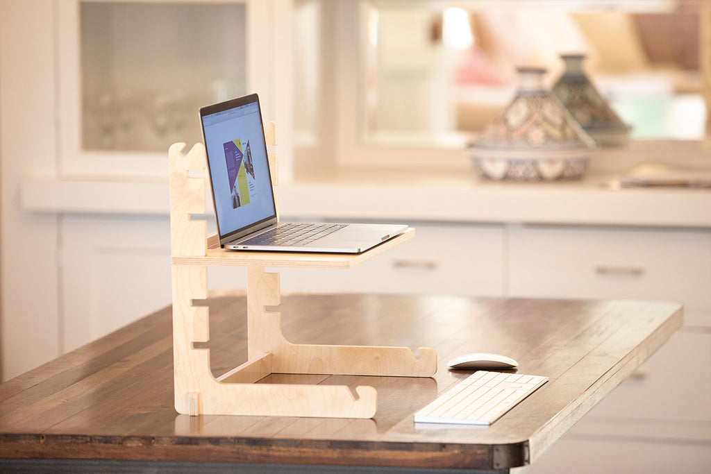 standing desk riser shelf in kitchen 